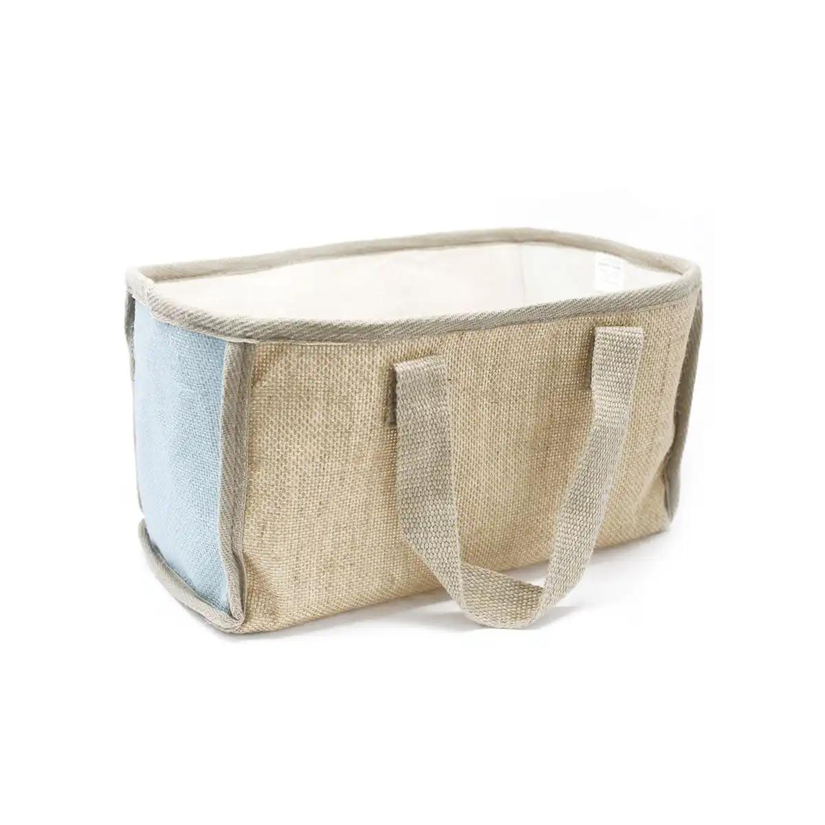 Eco-Friendly Jute & Cotton Shopping Basket - Teal a storage bin with a blue interior and beige exterior on a white background