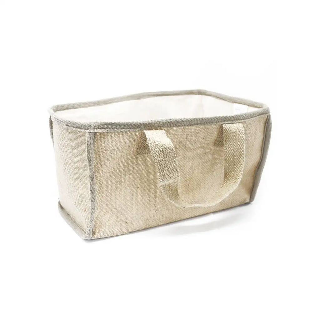 Eco-Friendly Jute & Cotton Shopping Basket a beige mesh storage basket with a white lid on a white background