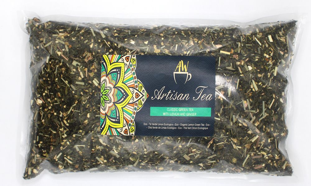 Packaged Eco Classic Green Tea with Lemon and Ginger 1Kg with Artisan Tea label on a white background