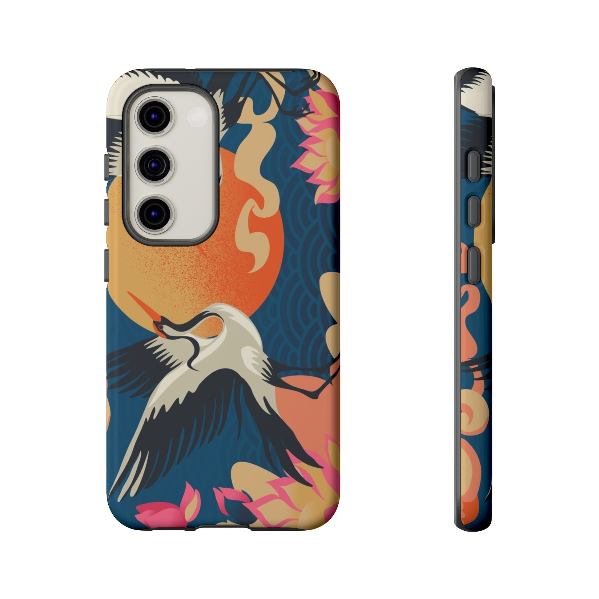 MVB Studio phone case for Samsung featuring a crane bird with a vivid red sun, floral lotus elements, and swirling blue background in a Japanese-inspired design.