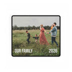 Family photo with 'Our Family 2026' text on a white background mouse pad