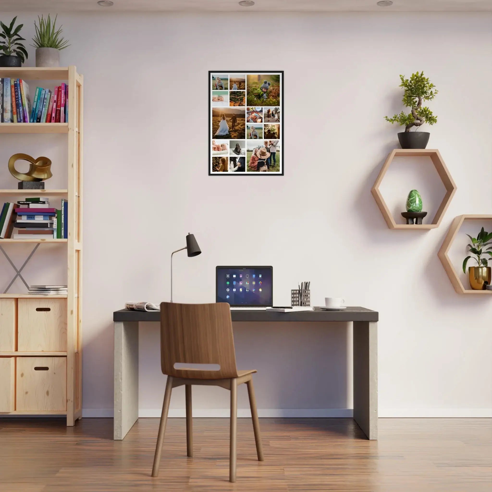 Modern home office with a desk, chair, and wall art