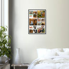Family Photo Wall Decor Wooden Framed Poster - A2 on a wall above a bed with a plant and side table.