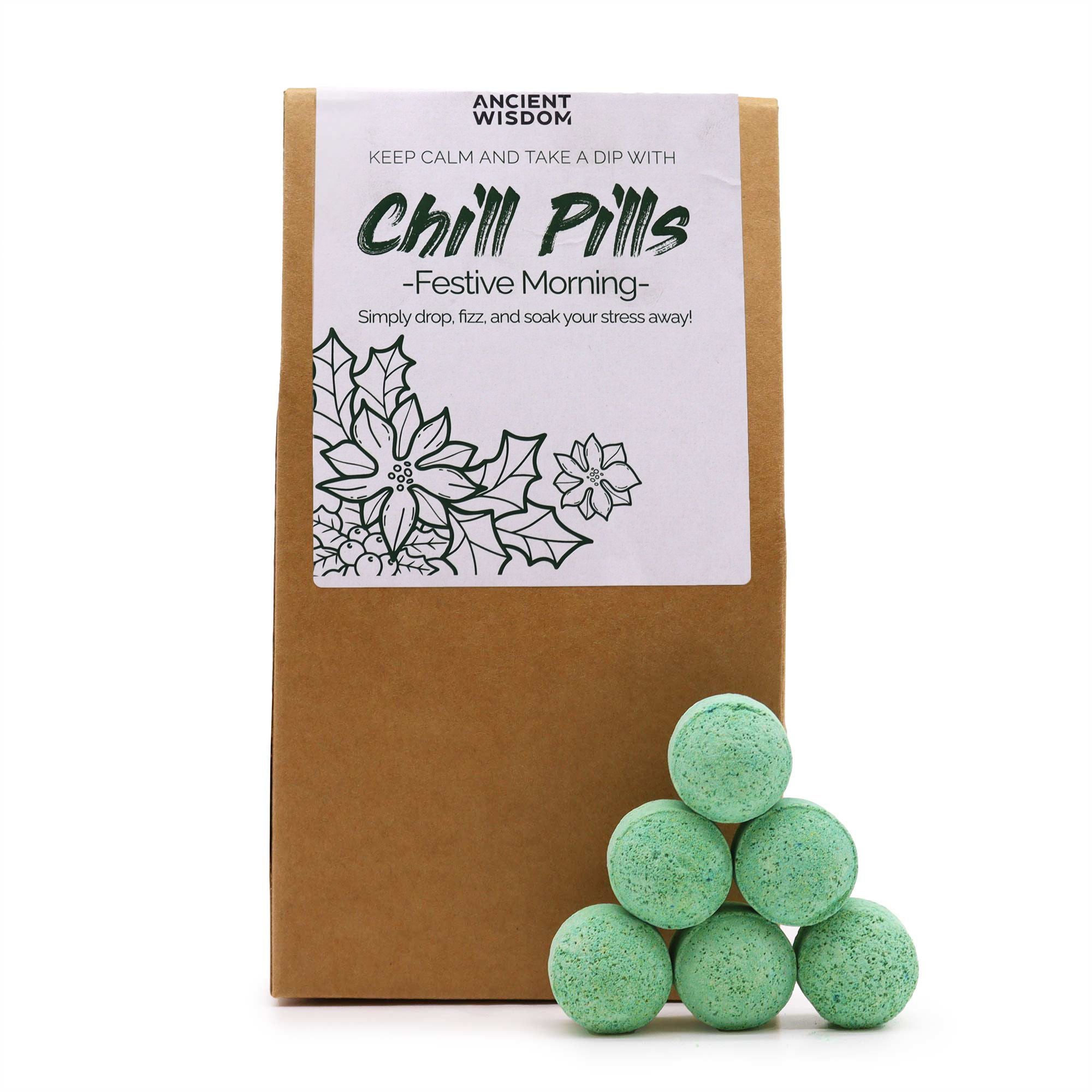 Box of 'Chill Pills' with green bath bombs on a white background