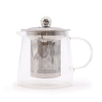Clear glass teapot with metal infuser on a white background.