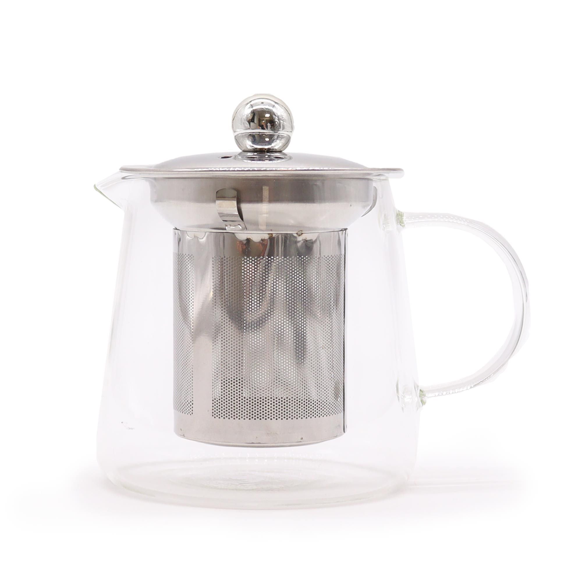 Clear glass teapot with metal infuser on a white background.