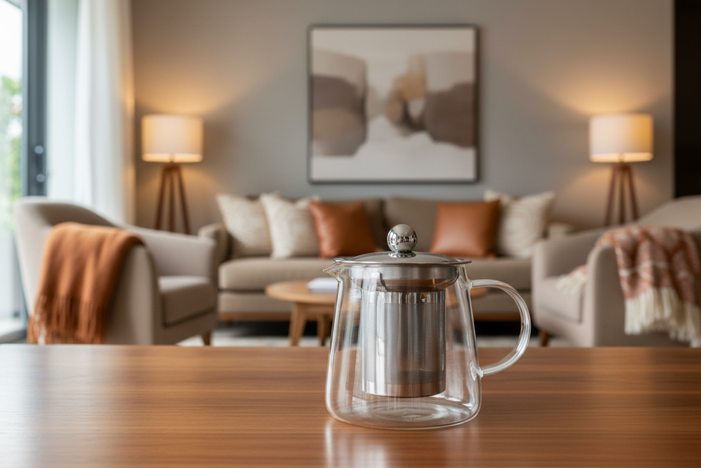 Flask Shape Glass Infuser Teapot - 350ml on a table