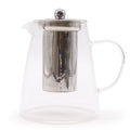 Clear glass teapot with metal infuser on a white background
