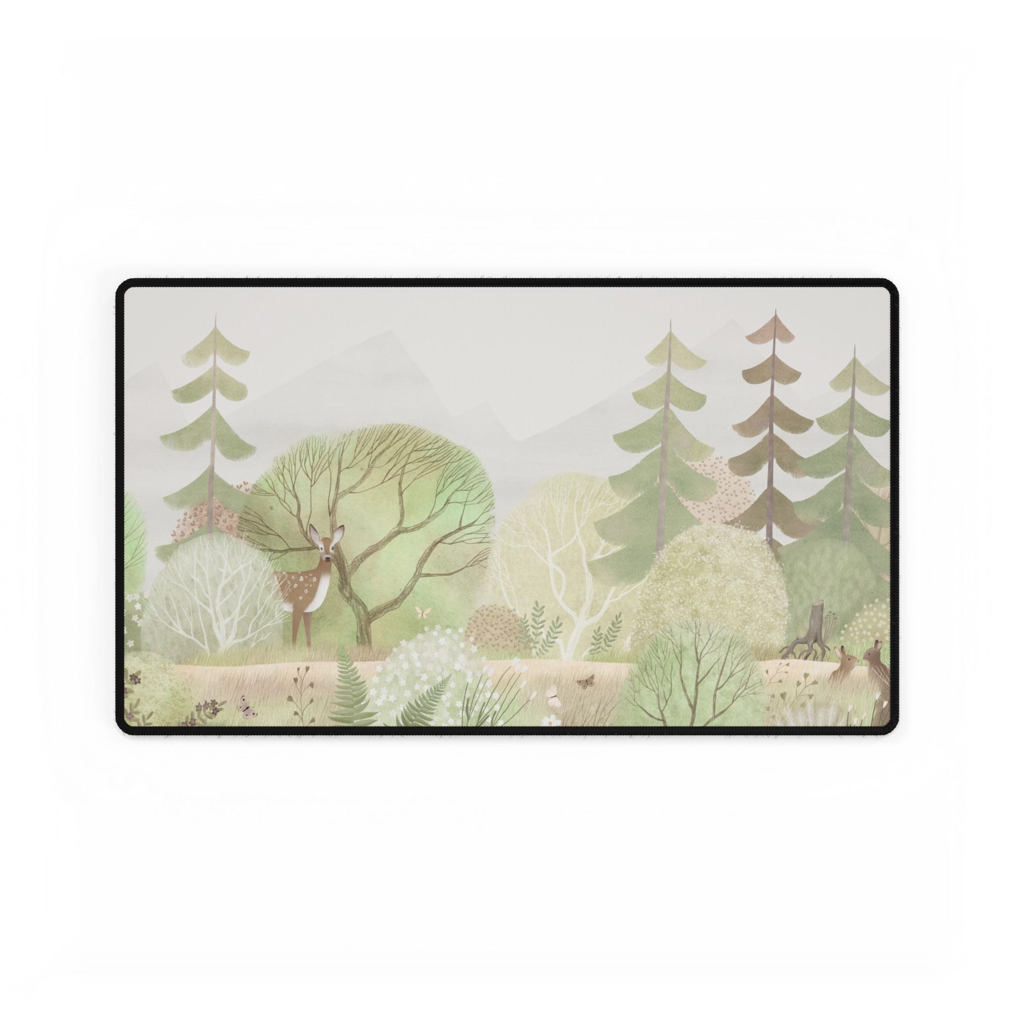 Doormat with a forest design featuring trees and animals on a white background