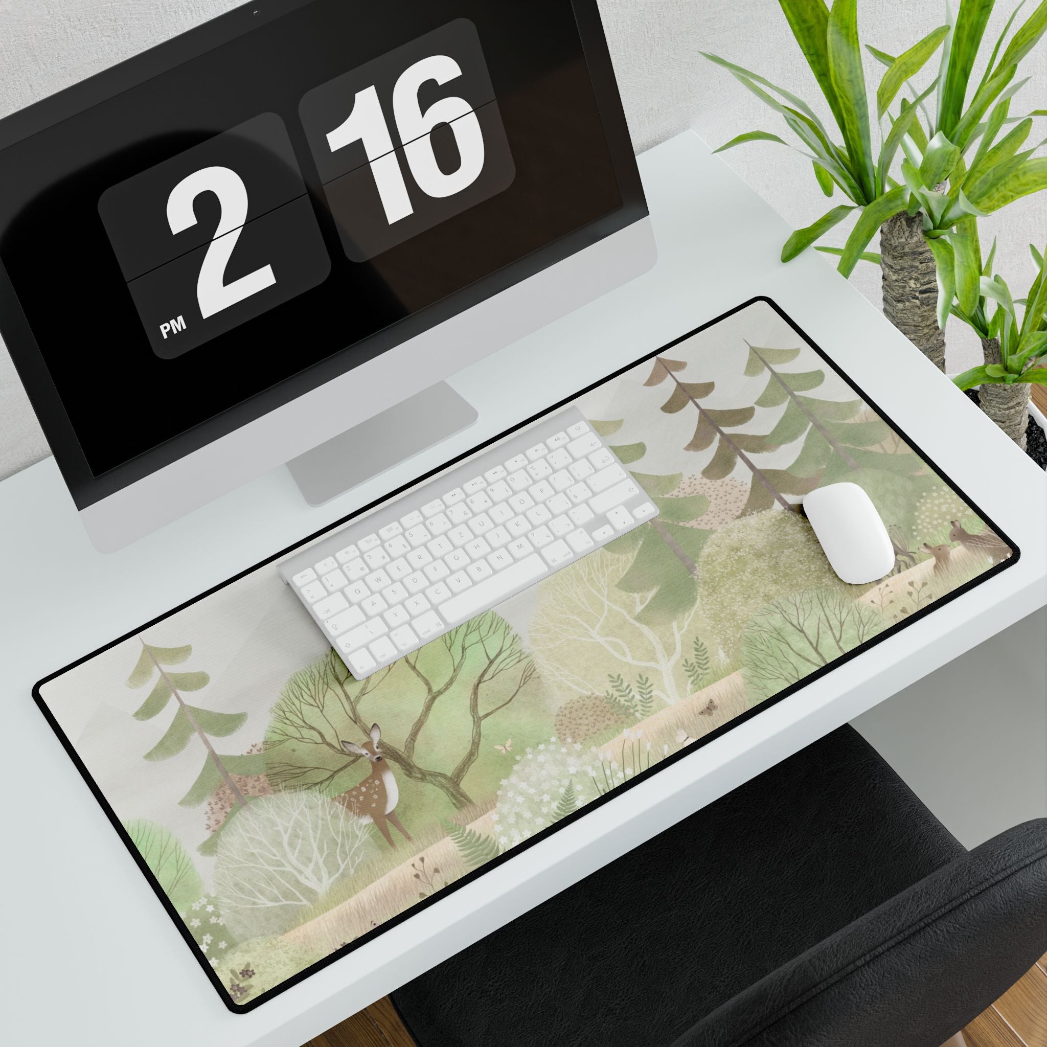 Desk setup with a nature-themed mouse pad, computer, and plants.