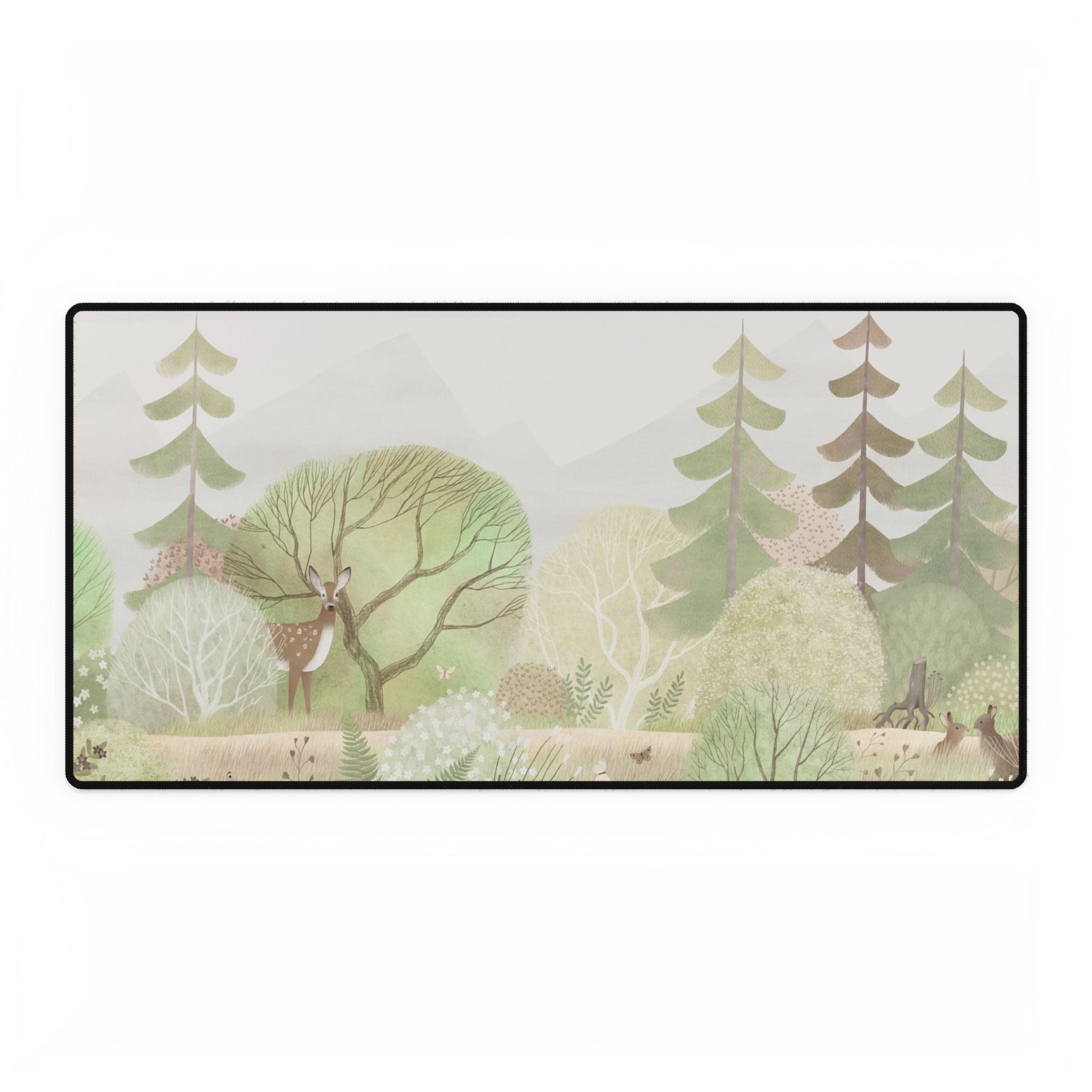 Decorative mat with a forest design featuring trees and deer on a white background.