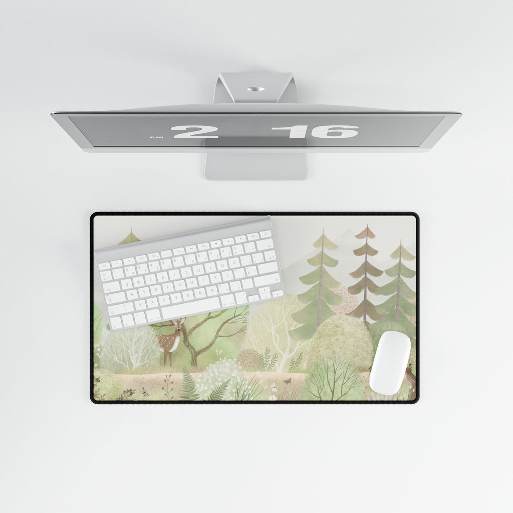 Computer monitor with a nature-themed desk mat on a white background