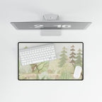 Computer monitor with a nature-themed desk mat on a white background
