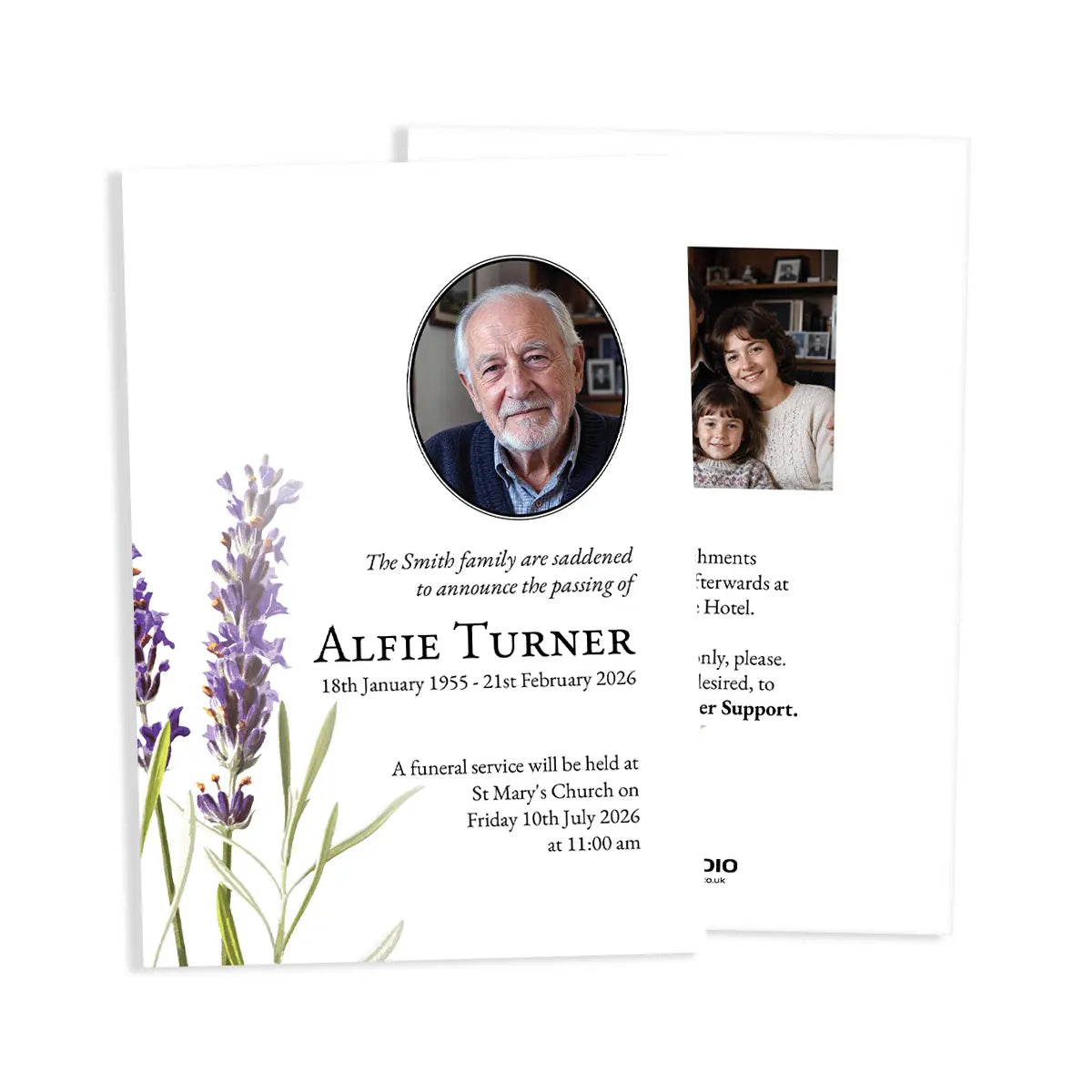 A printed memorial Lavender Funeral Invitation Card with a white background, black serif text, a portrait photo of an older man, a small family photo, and purple lavender illustrations along the left side.