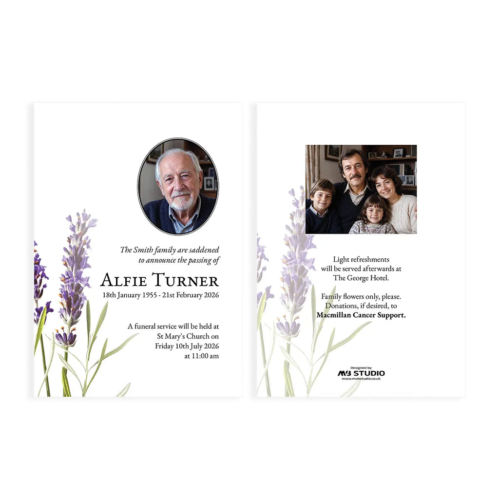 Two-sided Lavender Funeral Invitation Card displayed on a white background. The left card features a portrait of a man, lavender floral illustrations, and text for 'Alfie Turner' funeral details designed by MVB STUDIO official funeral stationery store.