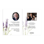 Two-sided Lavender Funeral Invitation Card displayed on a white background. The left card features a portrait of a man, lavender floral illustrations, and text for 'Alfie Turner' funeral details designed by MVB STUDIO official funeral stationery store.