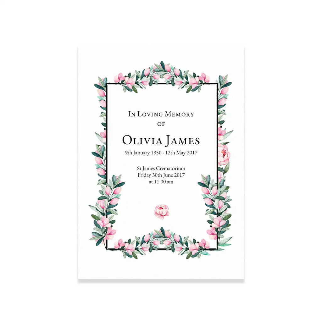 Memorial card with floral design and text on a white background