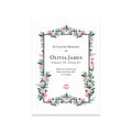 Memorial card with floral design and text on a white background