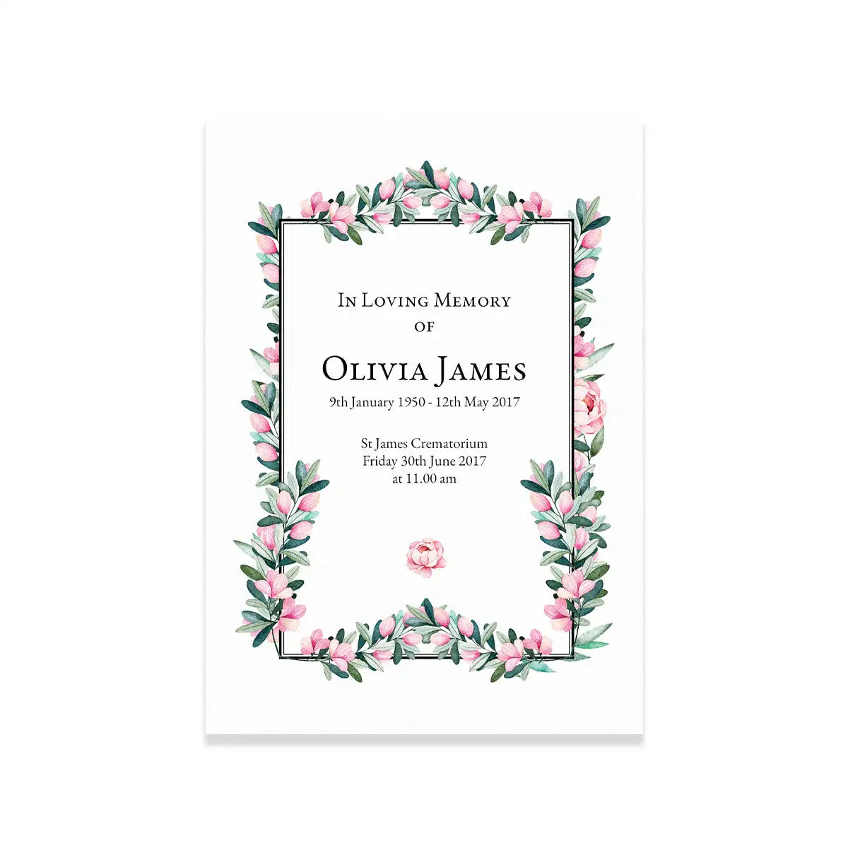 Memorial card with floral design and text on a white background