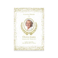 Memorial card with a portrait of a woman and text on a white background