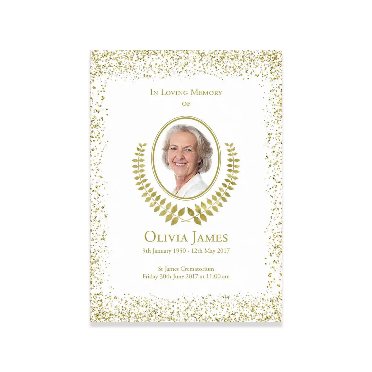 Memorial card with a portrait of a woman and text on a white background