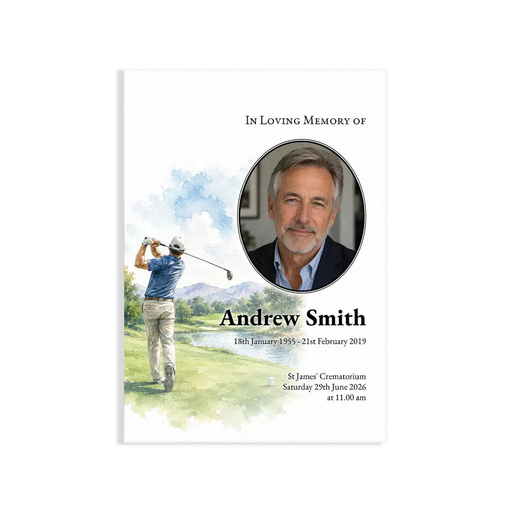 Funeral order of service golfing scene and portrait design, featuring text about his life and funeral details. Designed by MVB STUDIO.
