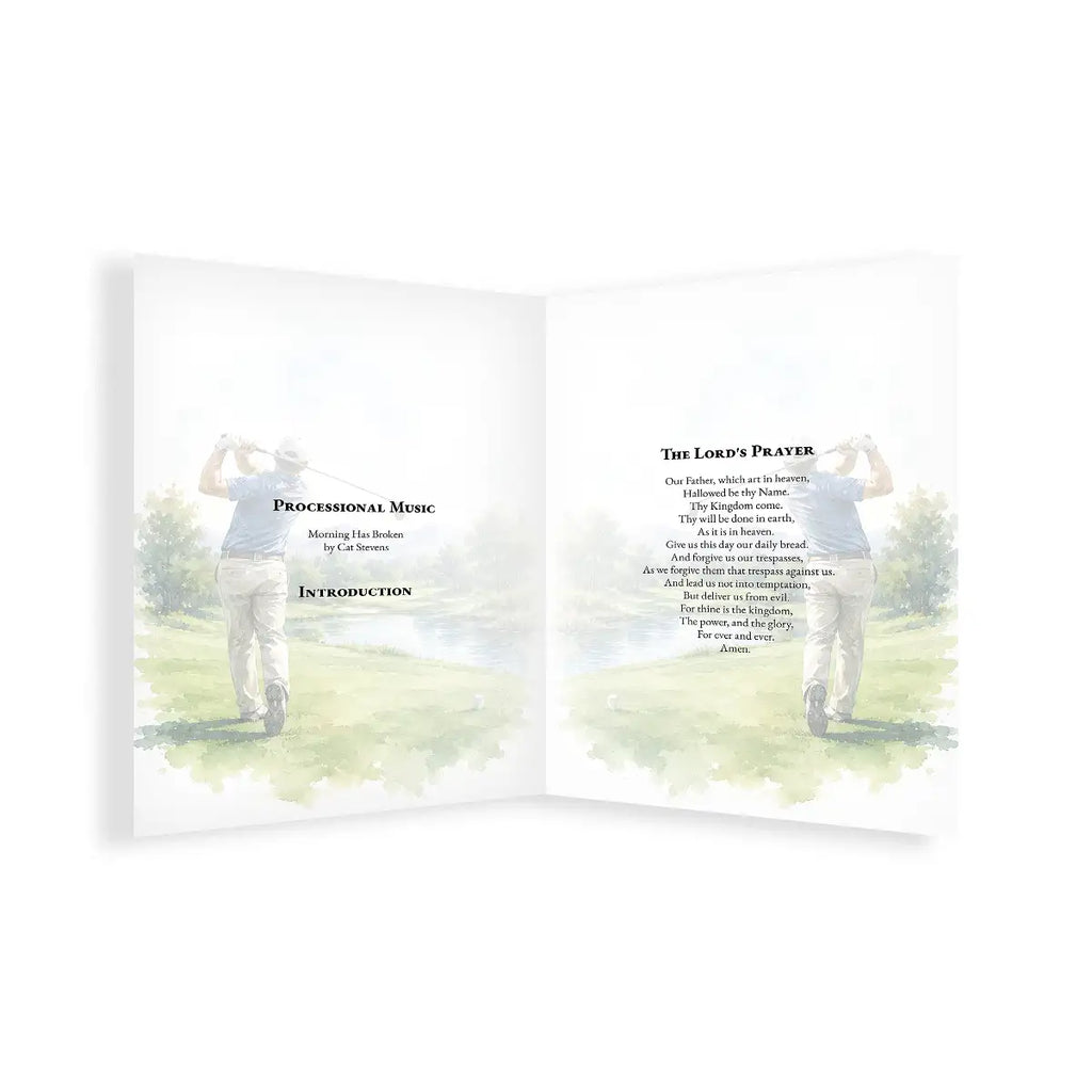 Funeral order of service with images of a person playing golf and text on a white background. Designed by MVB STUDIO official store.