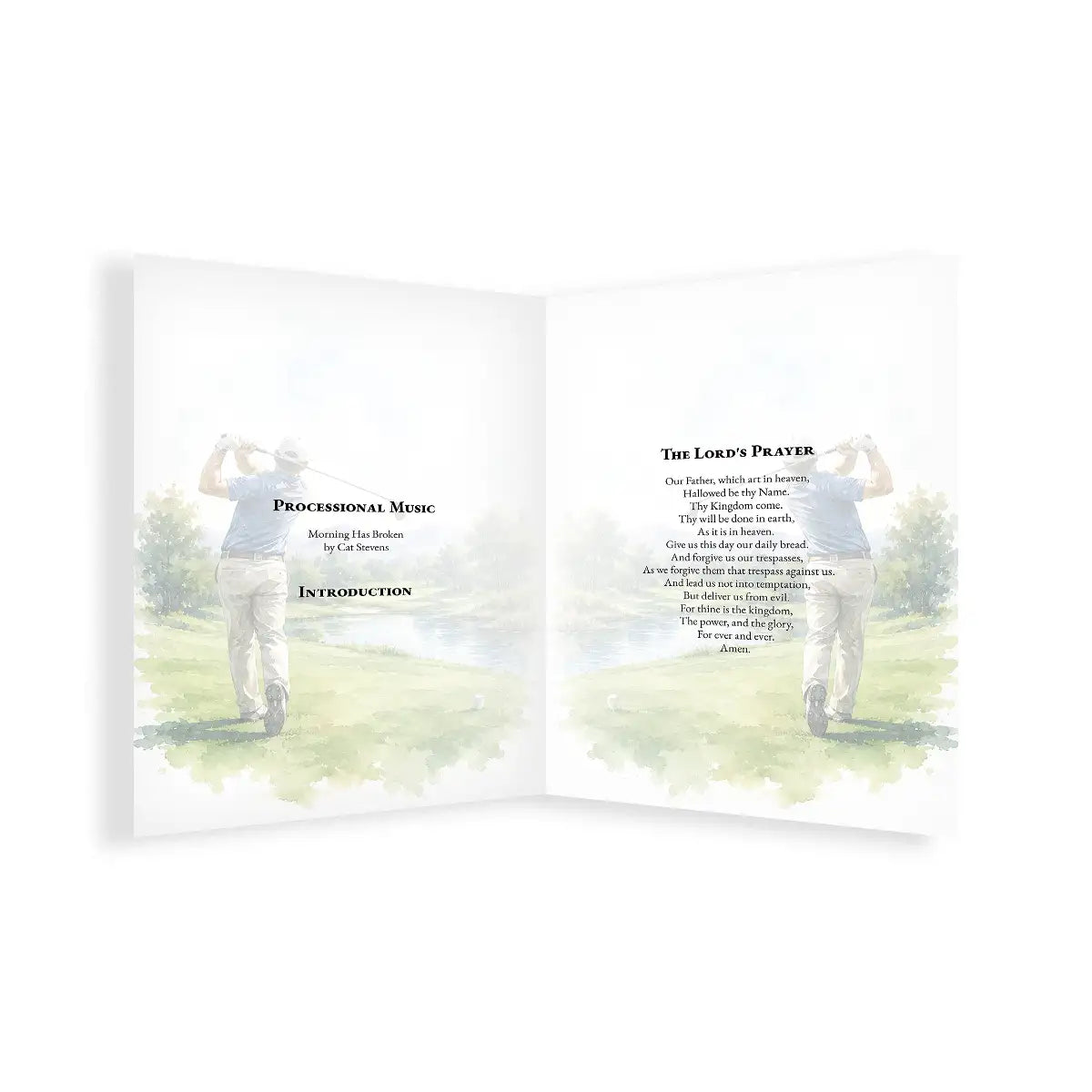 Funeral order of service with images of a person playing golf and text on a white background. Designed by MVB STUDIO official store.