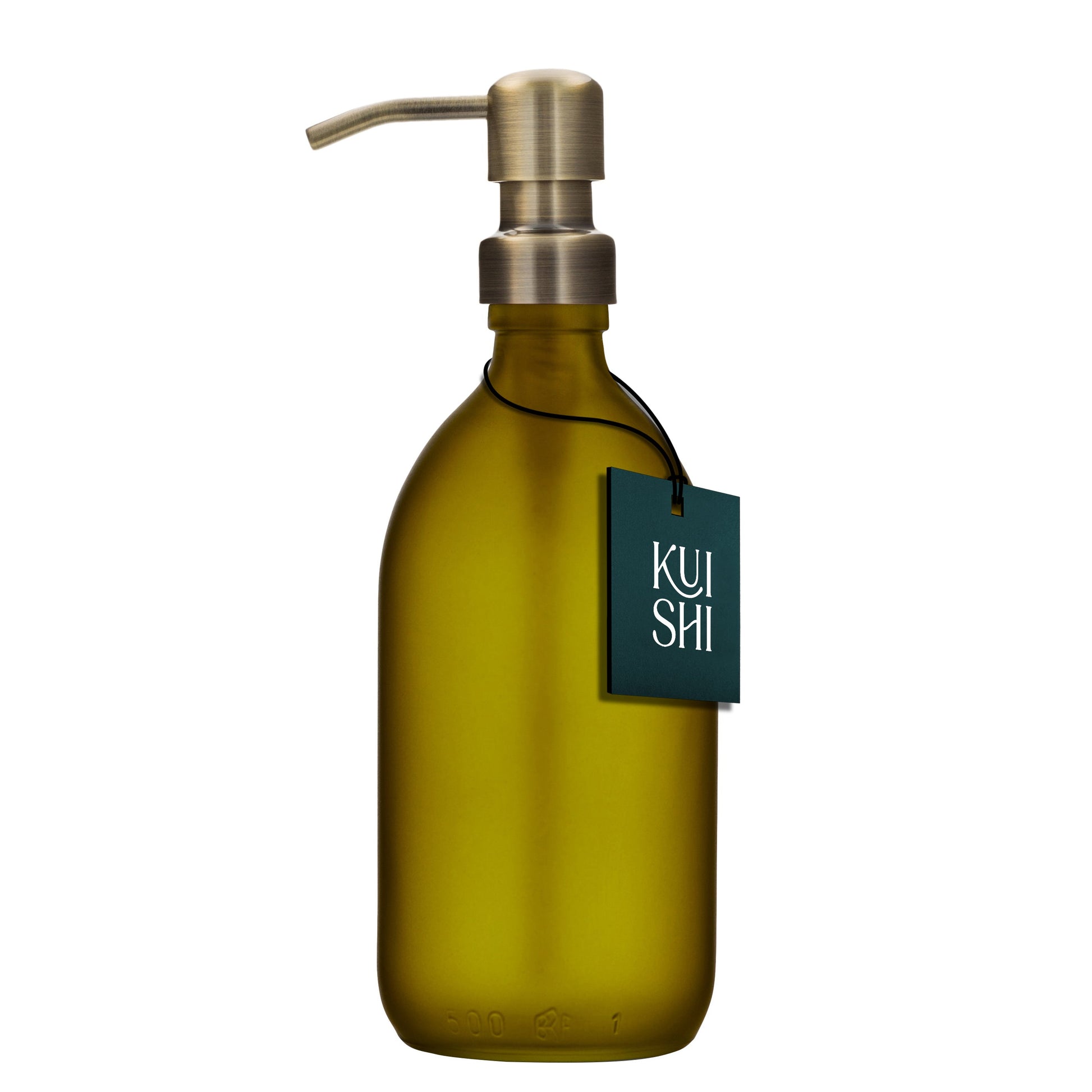Green soap dispenser bottle with a pump and 'Kushi' tag on a white background
