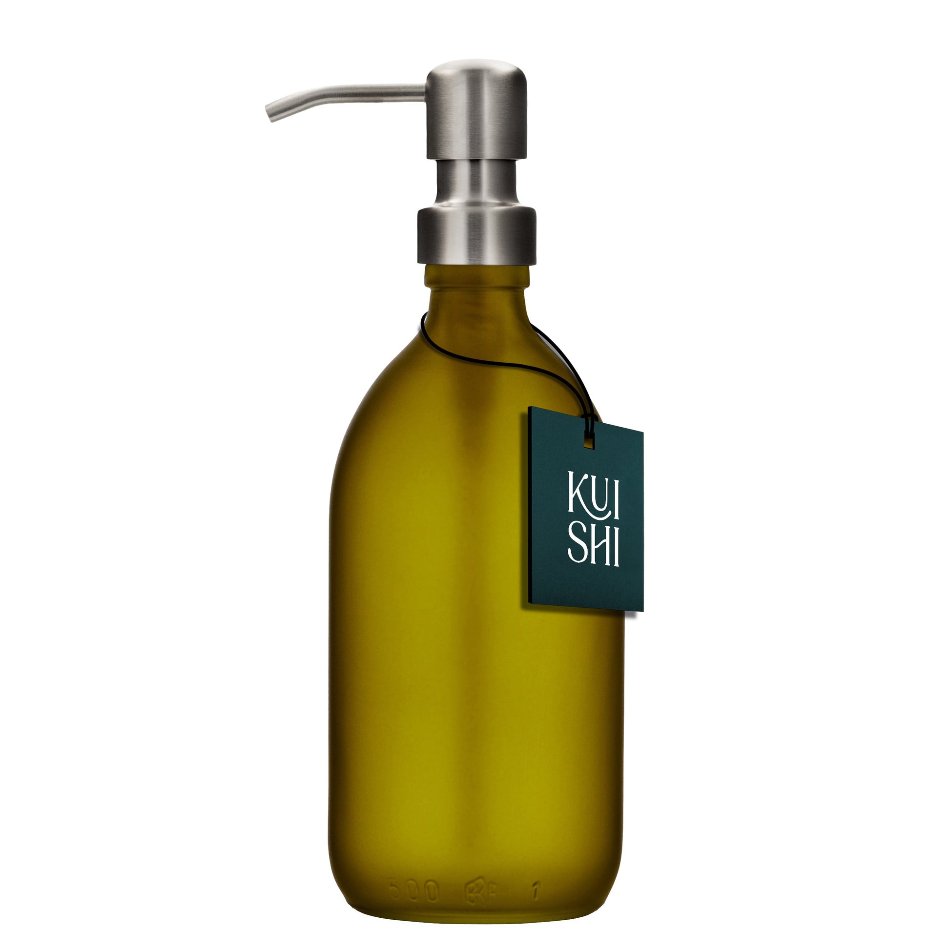 Green soap dispenser with pump and 'Kuishe' tag on a white background