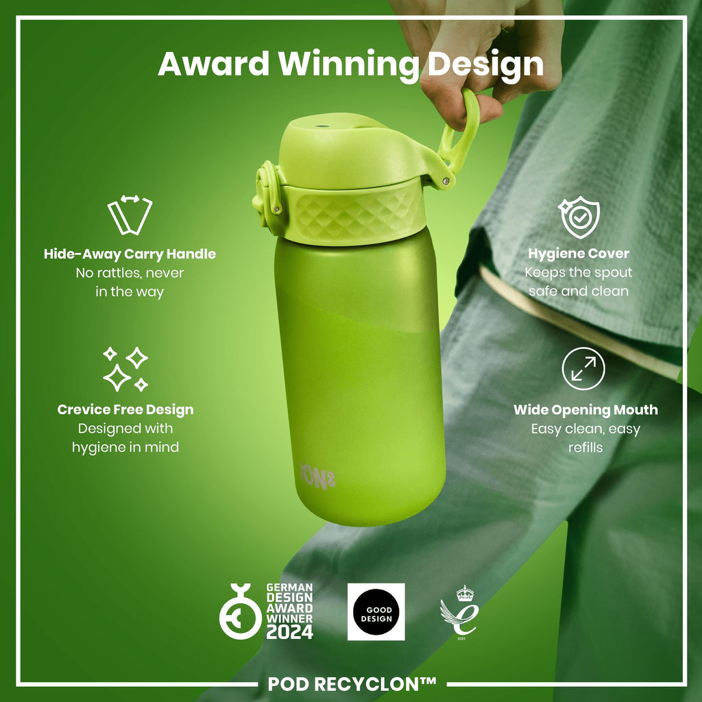 Green water bottle with features highlighted on a green background