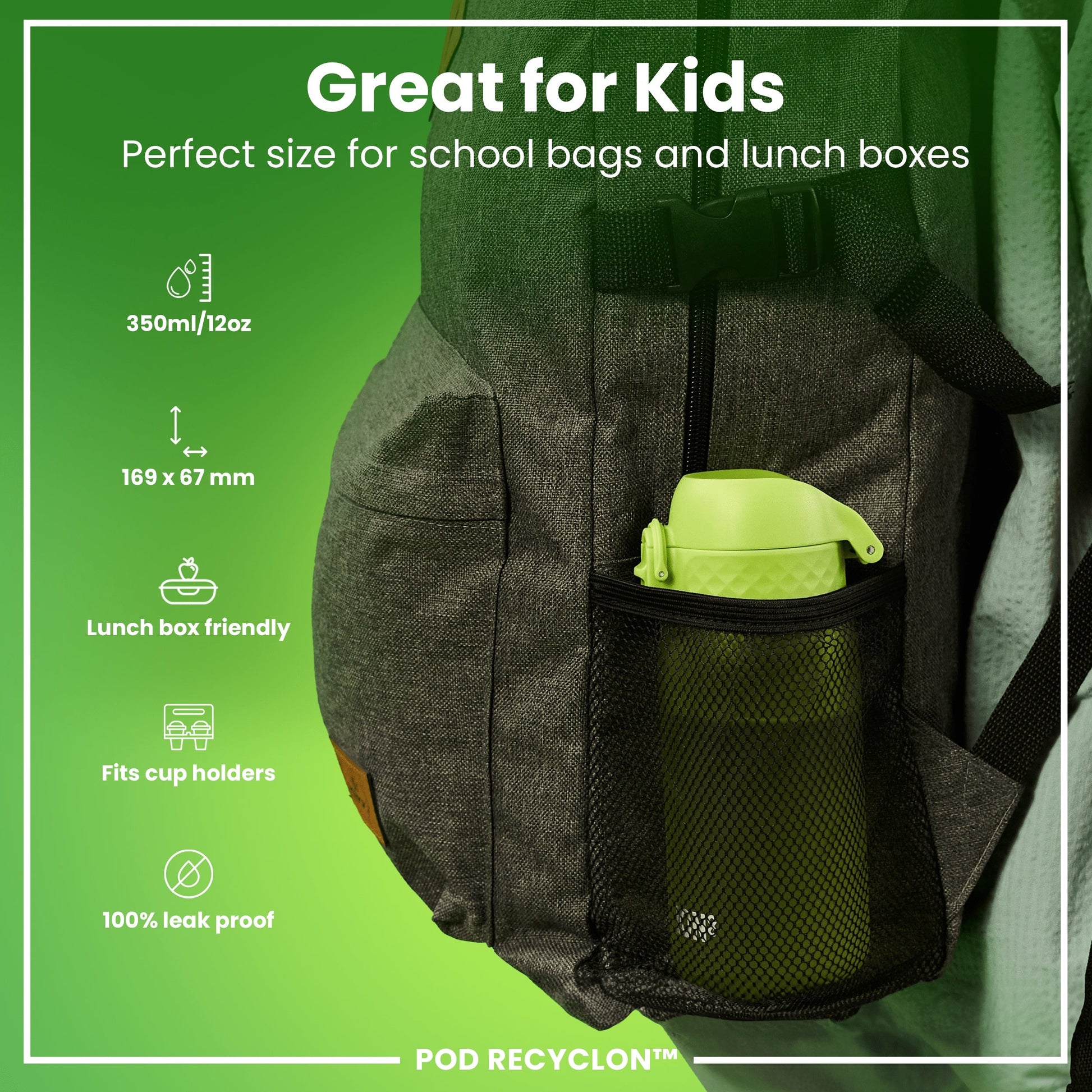 Backpack with a green water bottle in a pocket on a green background, featuring text about its suitability for kids and school bags.