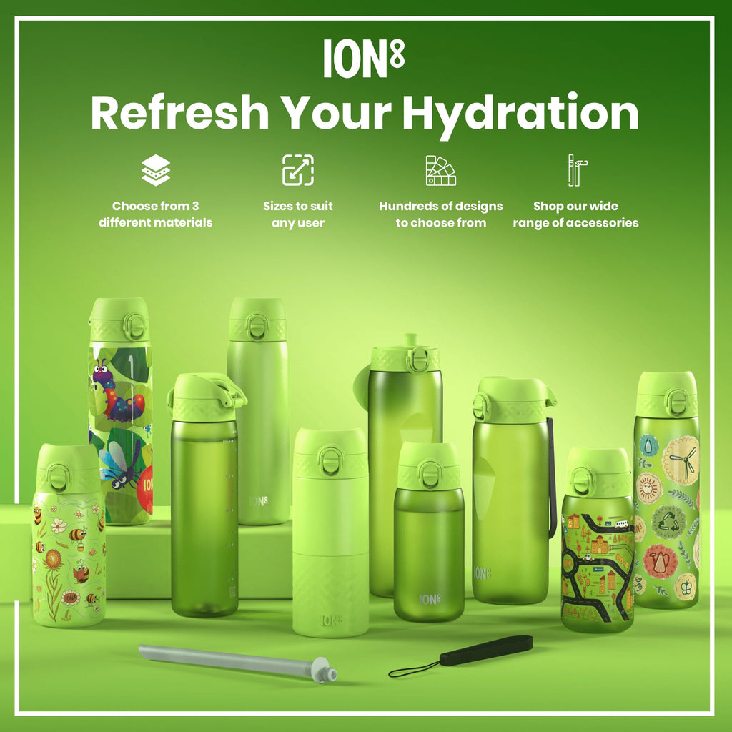 Collection of green hydration bottles with accessories on a green background, featuring the brand 'ION8'.