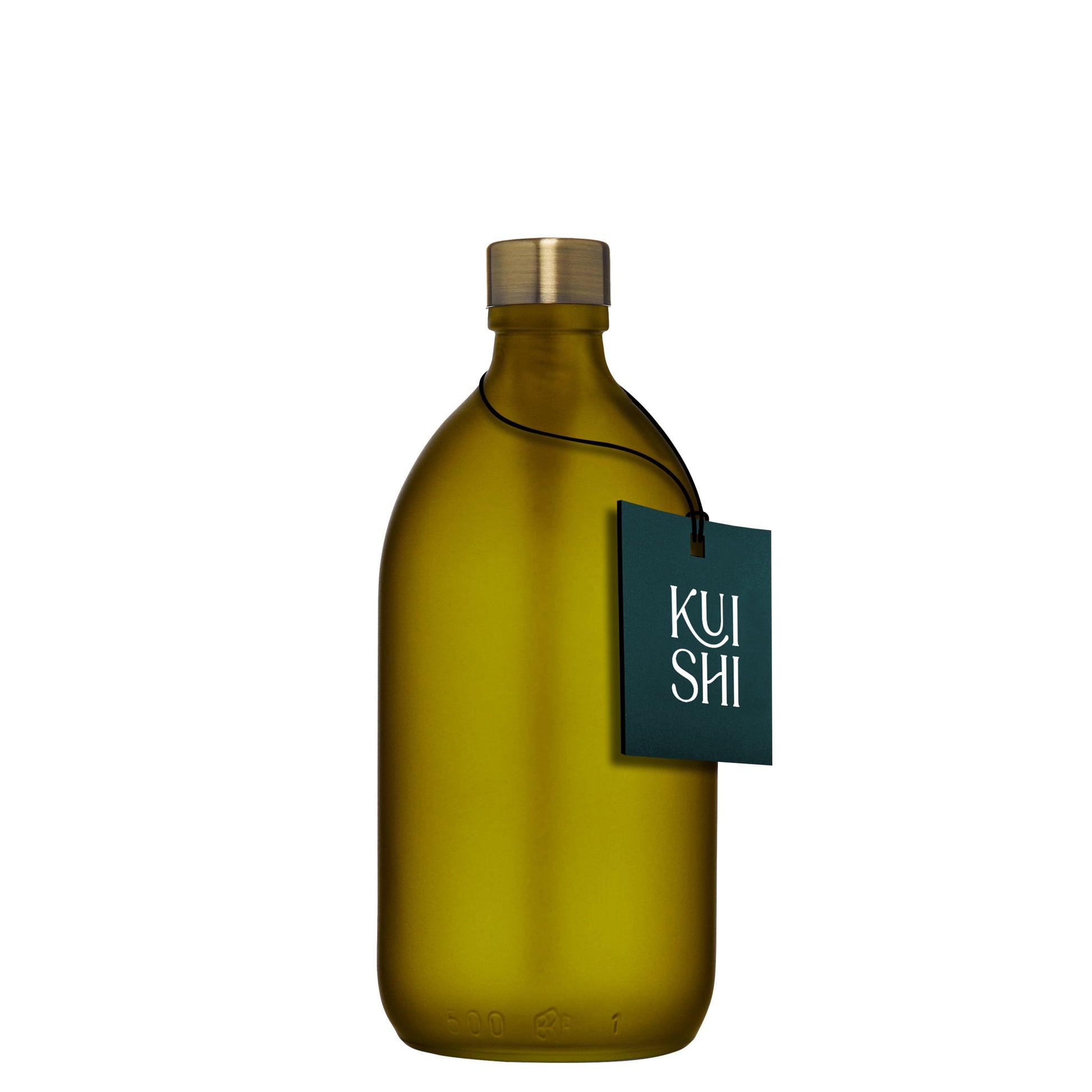 Green bottle with gold cap and 'KUSH' tag on a white background