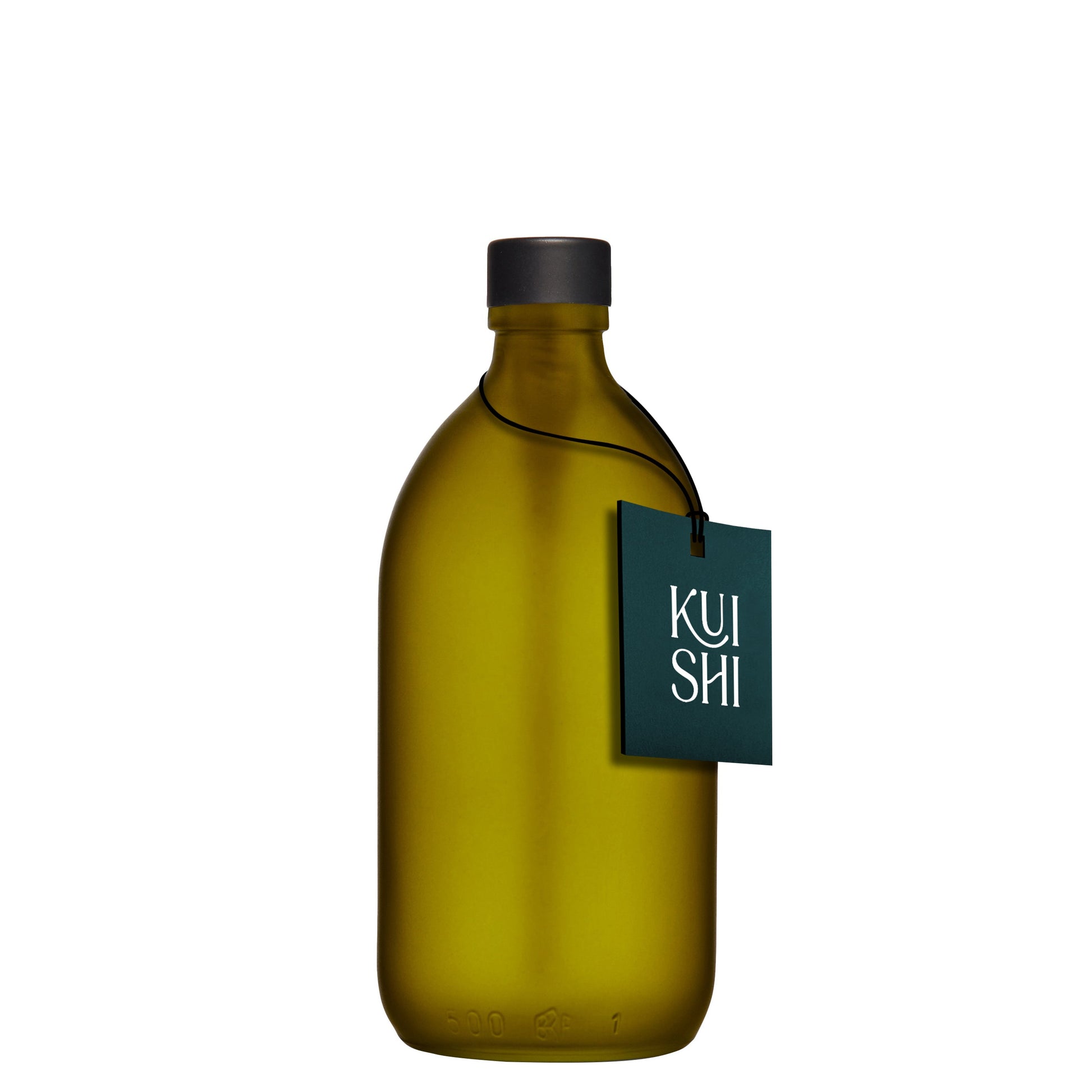 Green bottle with a black cap and 'KUSH' tag on a white background