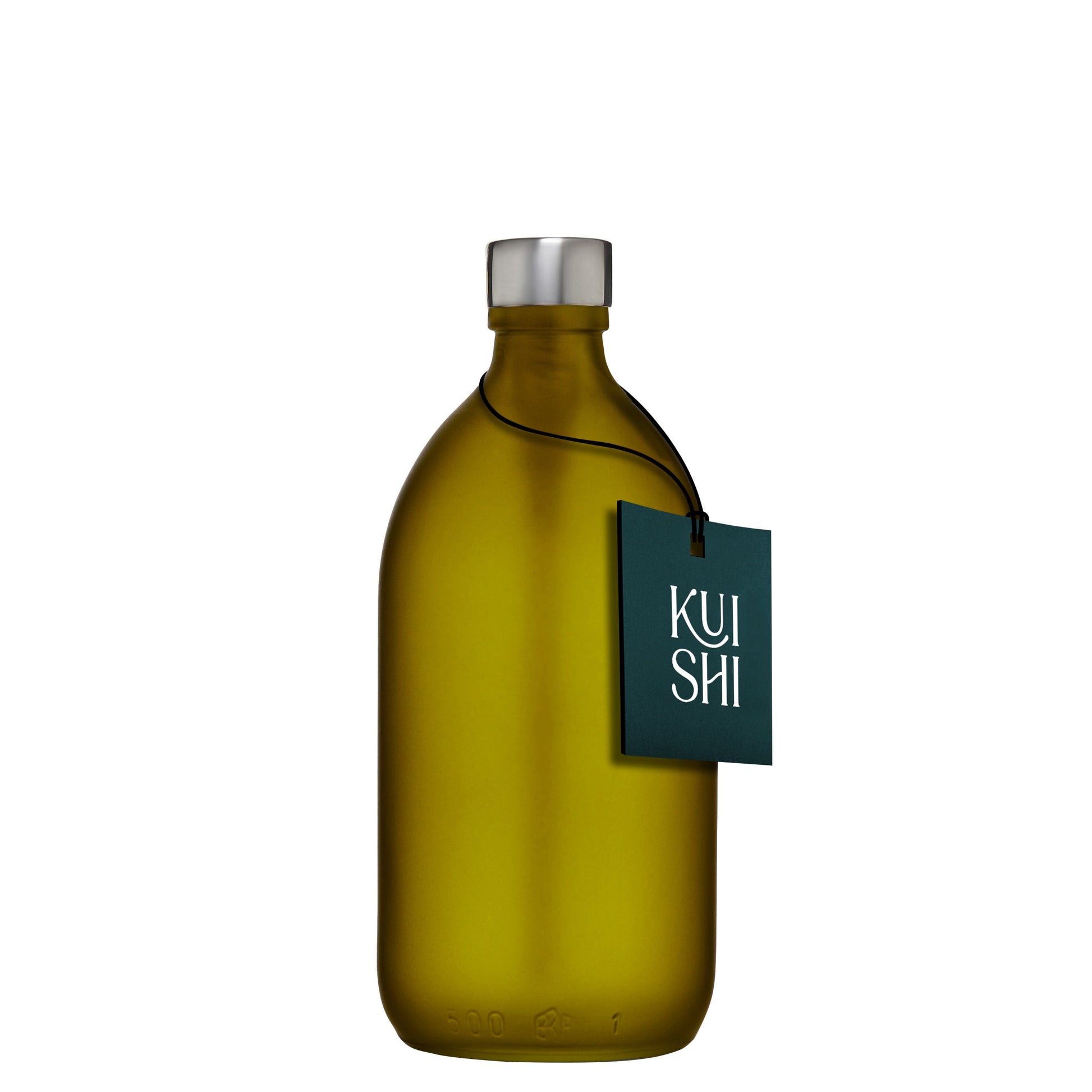 Green bottle with a silver cap and 'KUSH' tag on a white background