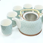 Ceramic teapot and cups with geometric pattern on a white background