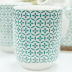 White mug with teal geometric pattern on a white background
