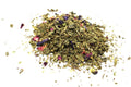 Green Tea Marrakech Petals with Mint - 1Kg, heap of green tea leaves with dried flowers on a white background