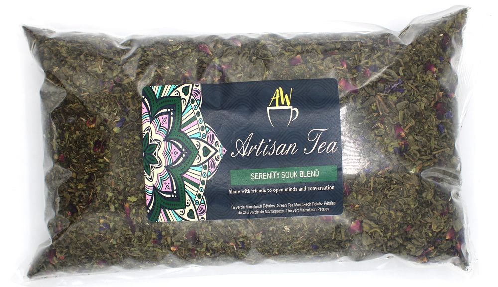 Bag of Artisan Tea, Green Tea Marrakech Petals with Mint - 1Kg with a visible label on a white background