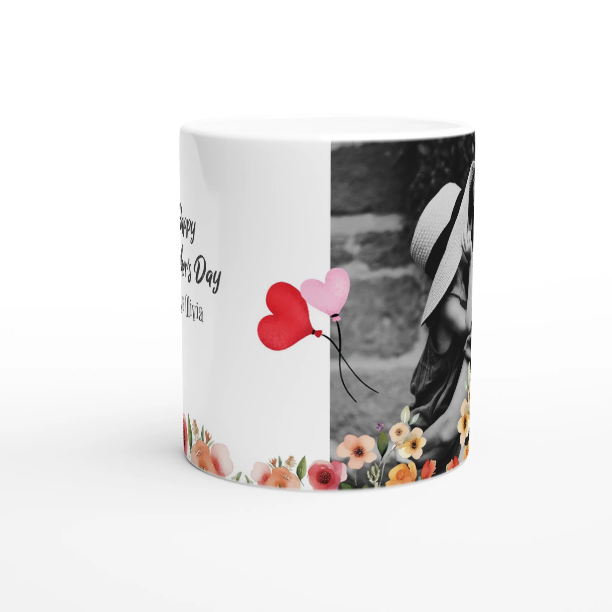 Mug with a photo of a couple holding balloons and 'Happy Mother's Day' text on a white background