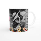 Happy Mother's Day Personalised Ceramic Mug with a black and white photo of a couple and colorful flowers on a white background
