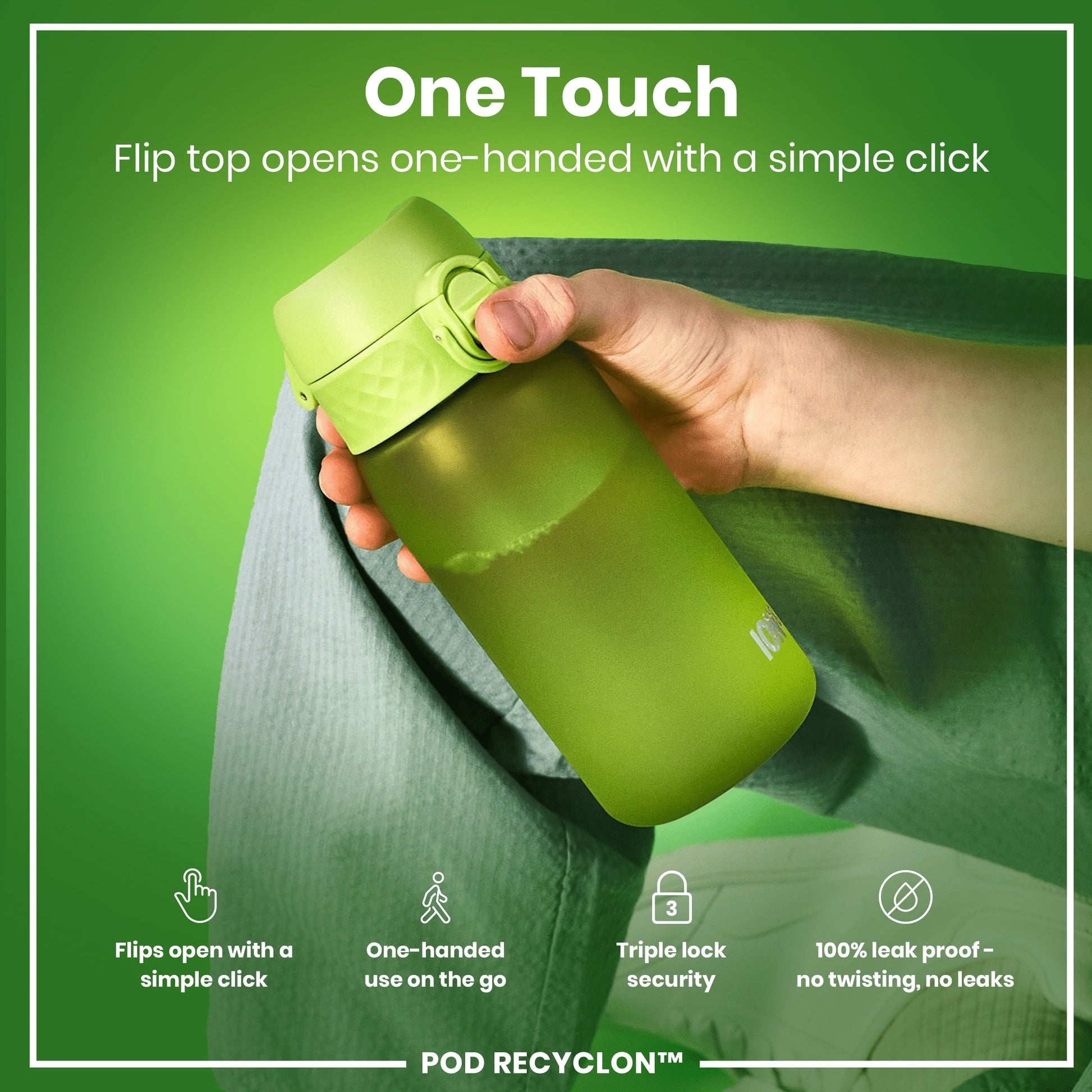 Green water bottle with flip top held by a hand against a green background, featuring text about the bottle's features.