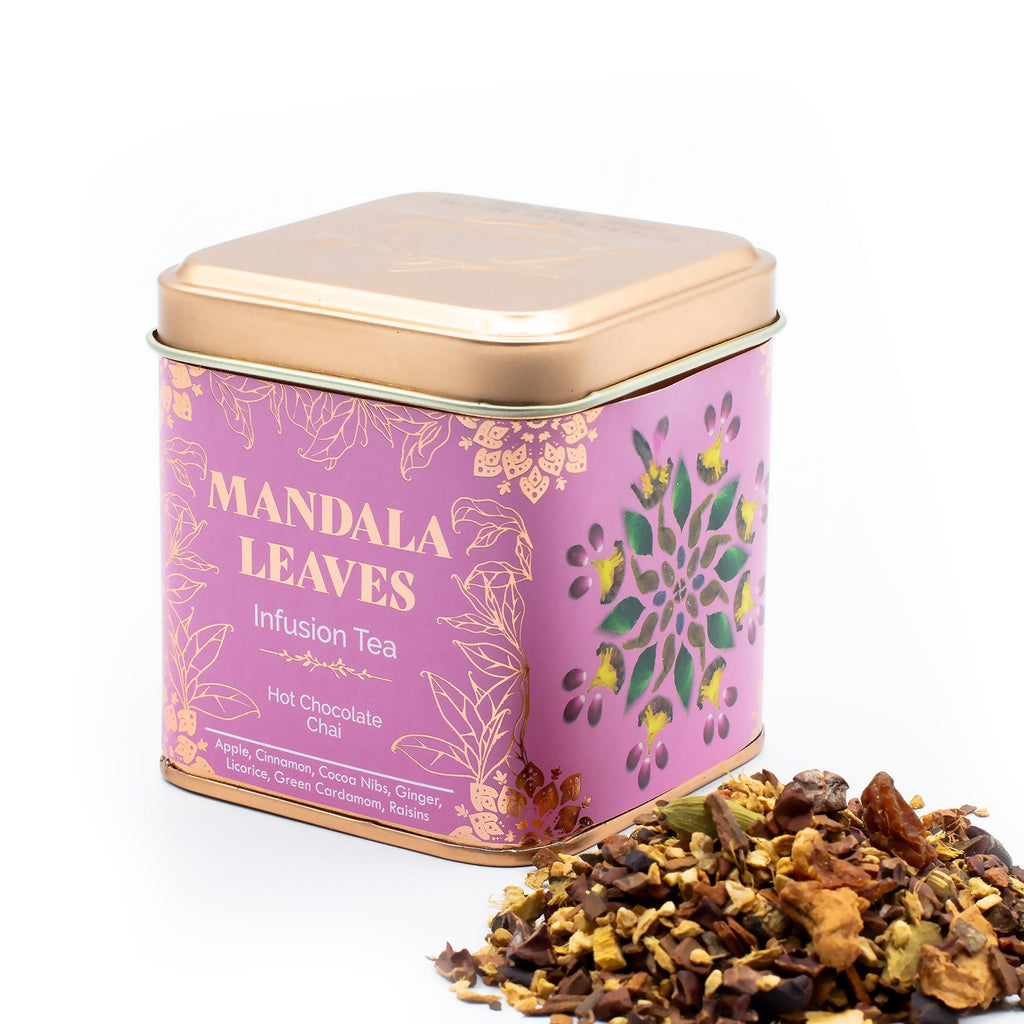 Mandala Leaves tea tin Hot Chocolate Chai Infusion - 50g on a white background