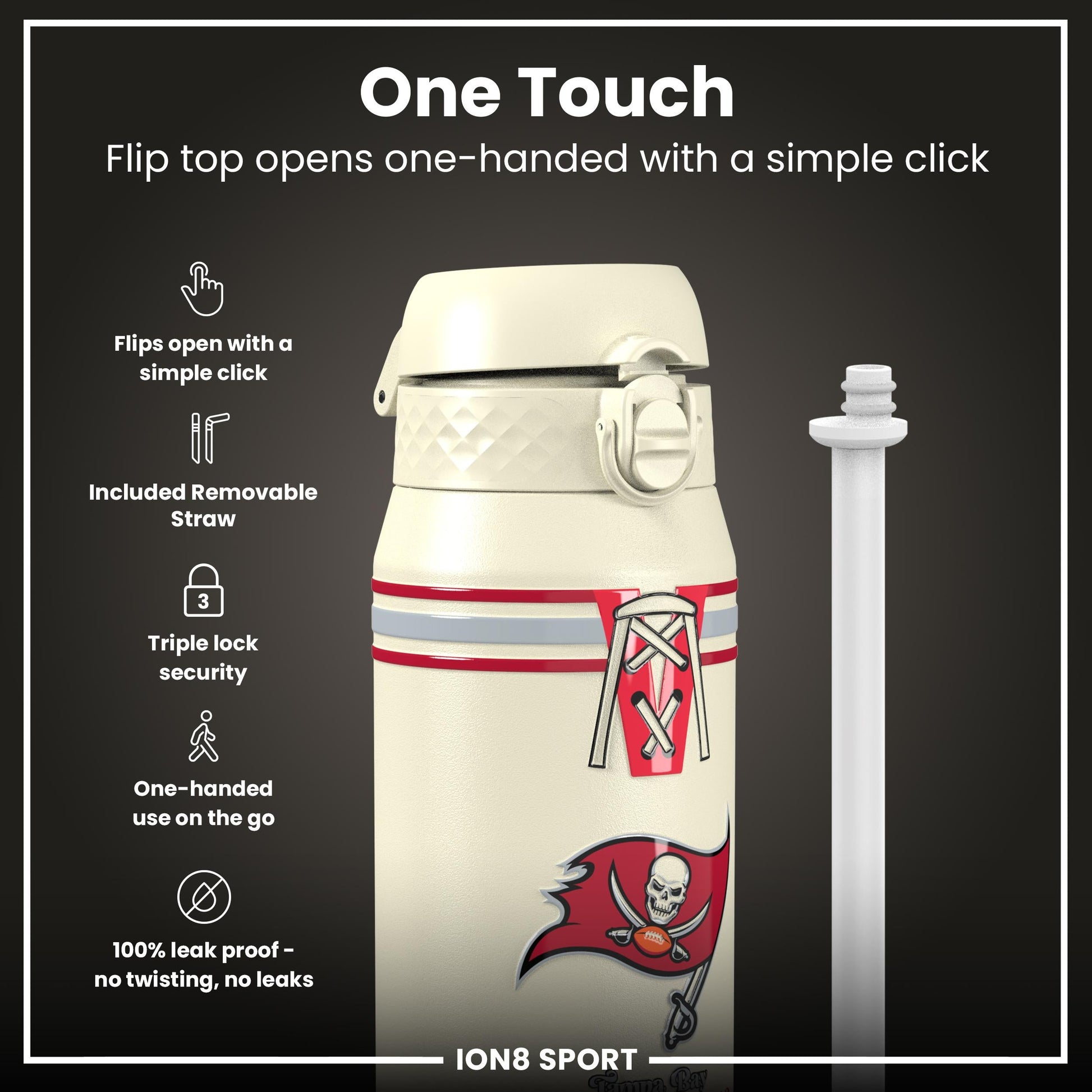 NFL x ION8 Insulated Steel Water Bottle, NFL Buccaneers, 750ml (24oz)