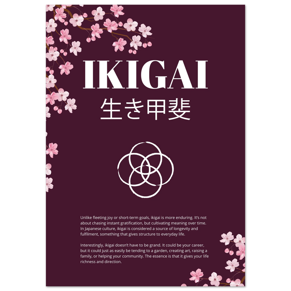 Poster titled “IKIGAI” with Japanese characters beneath, set on a deep burgundy background with cherry blossom illustrations, a white interlocking circle symbol, and explanatory text describing the meaning of ikigai.
