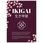 Poster titled “IKIGAI” with Japanese characters beneath, set on a deep burgundy background with cherry blossom illustrations, a white interlocking circle symbol, and explanatory text describing the meaning of ikigai.