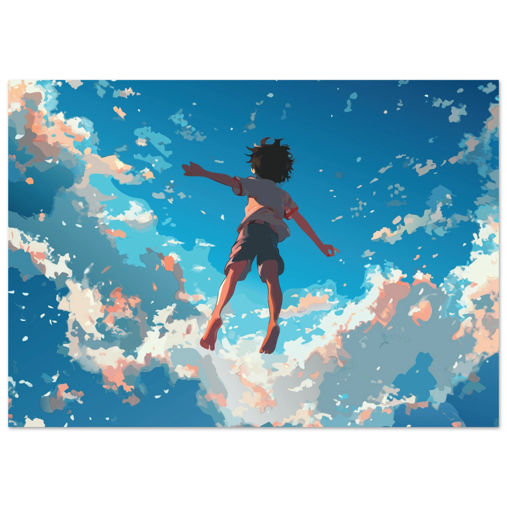 Illustration of a person jumping in the air with a colorful cloud background