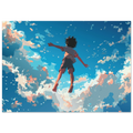 Illustration of a person jumping in the air with a colorful cloud background