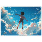 Illustration of a person jumping in the air with a colorful cloud background